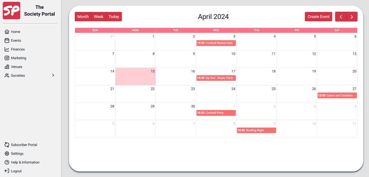 The society portal events page