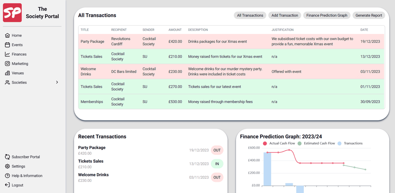 The society portal finances page