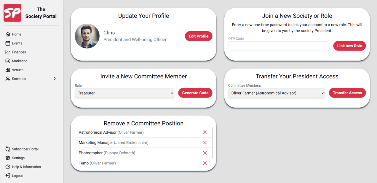 The society portal settings page