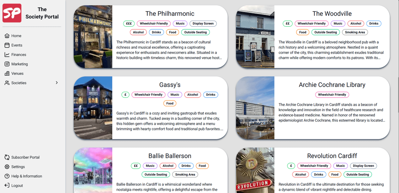 The society portal venues page